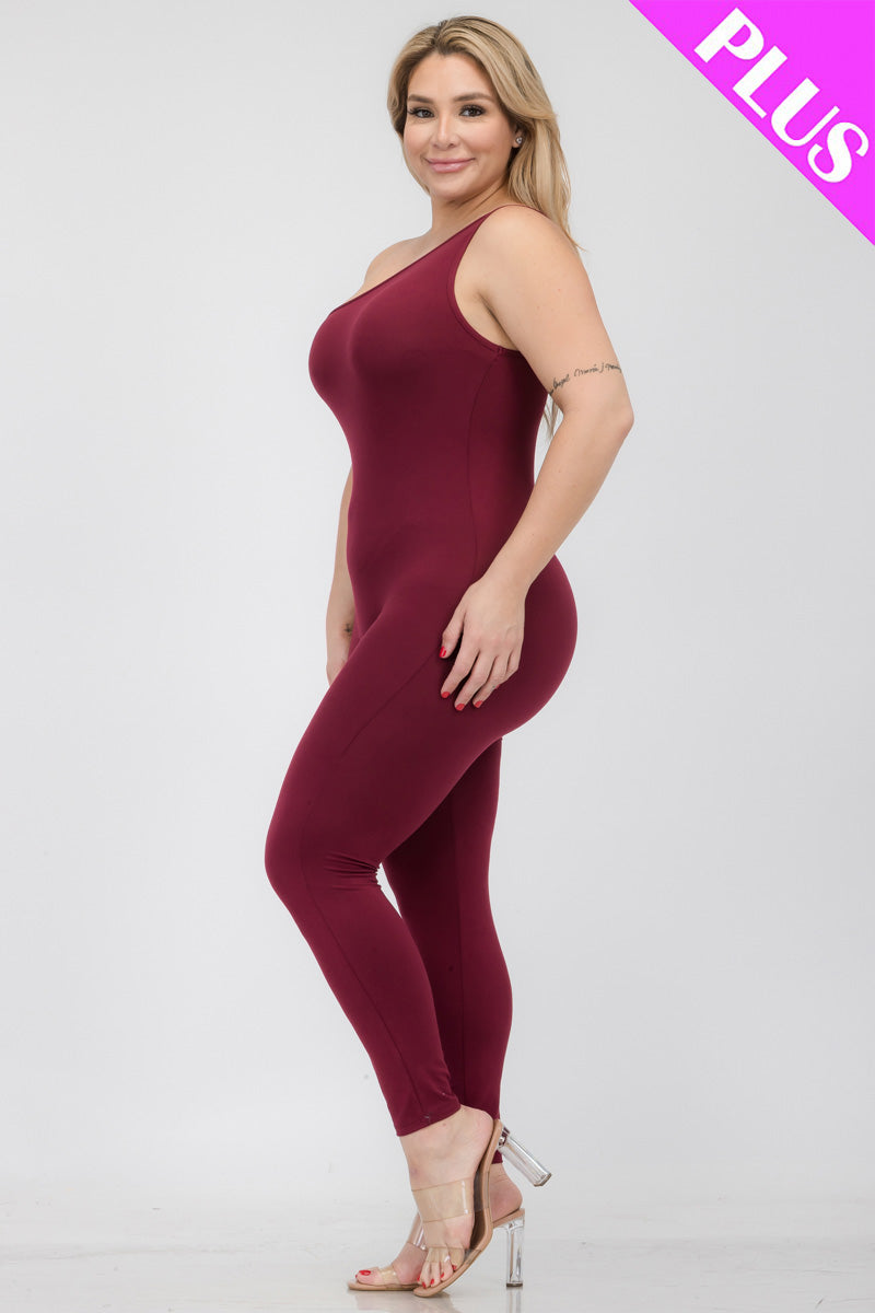 Plus Size Solid Color One Shoulder Jumpsuit (CAPELLA) - Capella Apparel