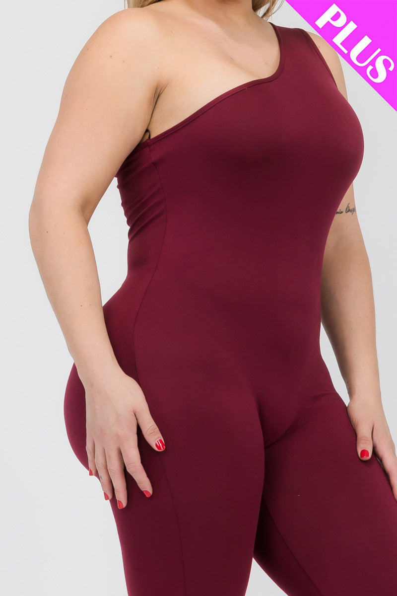 Plus Size Solid Color One Shoulder Jumpsuit - Capella Apparel