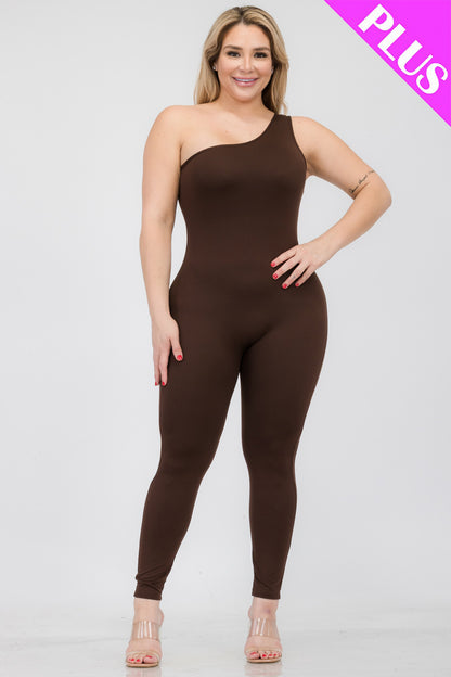 Plus Size Solid Color One Shoulder Jumpsuit - Capella Apparel