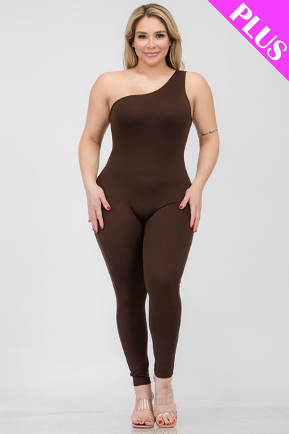 Plus Size Solid Color One Shoulder Jumpsuit - Capella Apparel