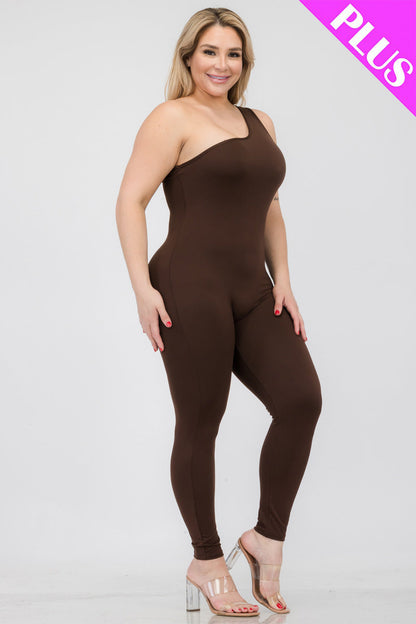 Plus Size Solid Color One Shoulder Jumpsuit (CAPELLA) - Capella Apparel