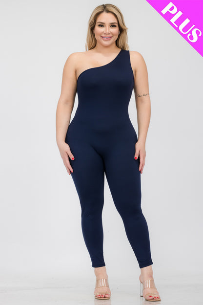 Plus Size Solid Color One Shoulder Jumpsuit - Capella Apparel