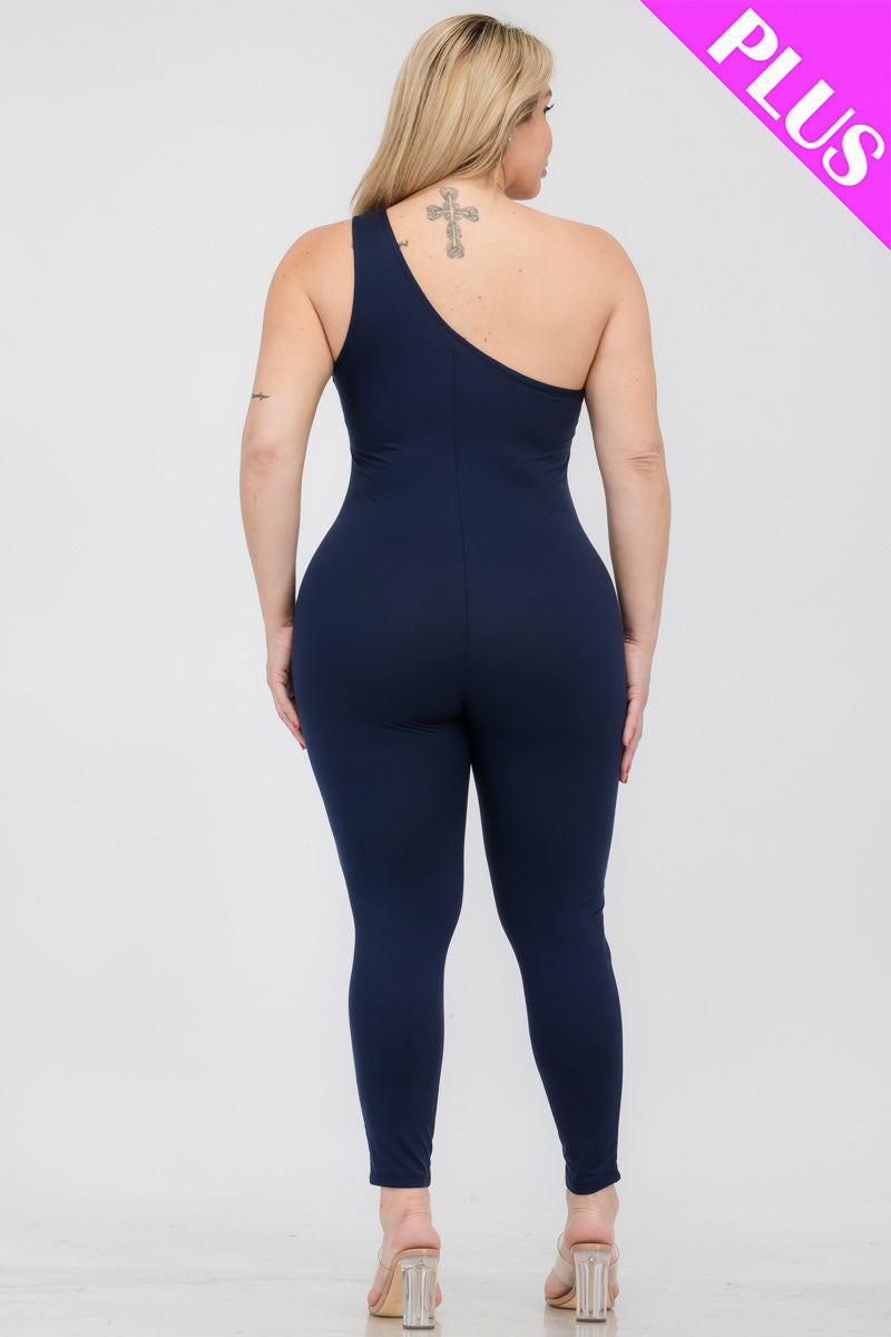 Plus Size Solid Color One Shoulder Jumpsuit - Capella Apparel