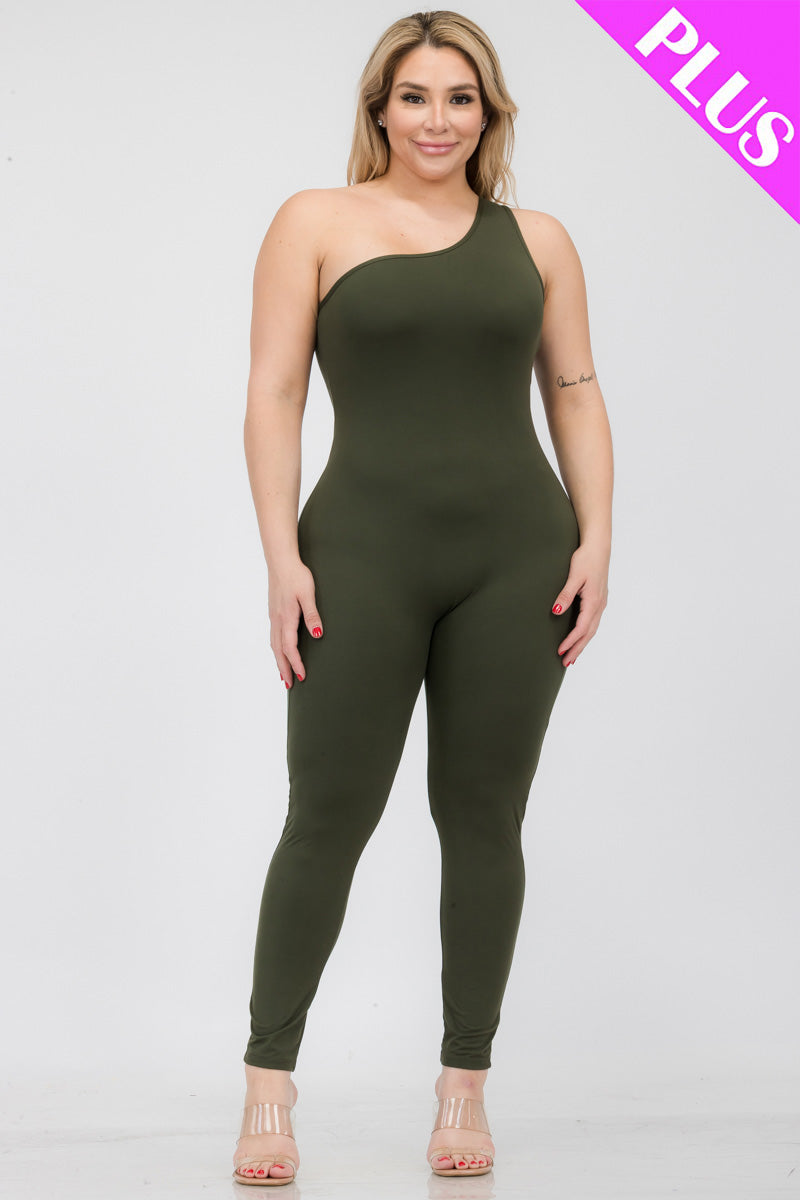 Plus Size Solid Color One Shoulder Jumpsuit (CAPELLA) - Capella Apparel