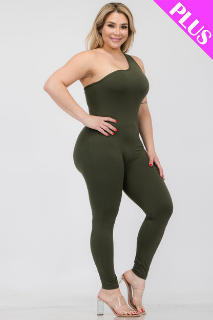 Plus Size Solid Color One Shoulder Jumpsuit - Capella Apparel