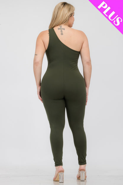 Plus Size Solid Color One Shoulder Jumpsuit - Capella Apparel