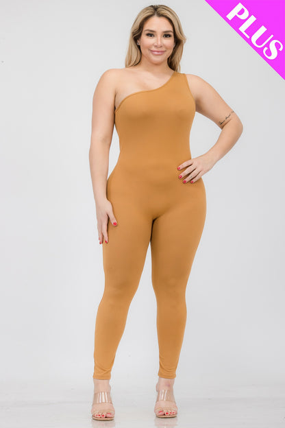 Plus Size Solid Color One Shoulder Jumpsuit - Capella Apparel