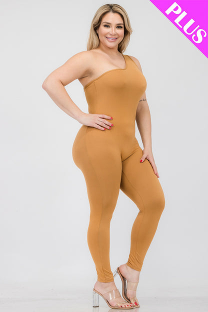 Plus Size Solid Color One Shoulder Jumpsuit - Capella Apparel