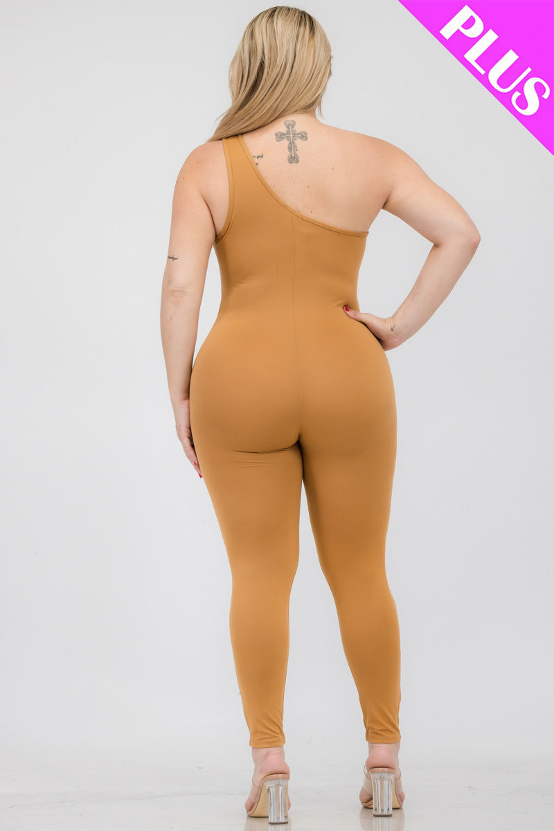 Plus Size Solid Color One Shoulder Jumpsuit - Capella Apparel