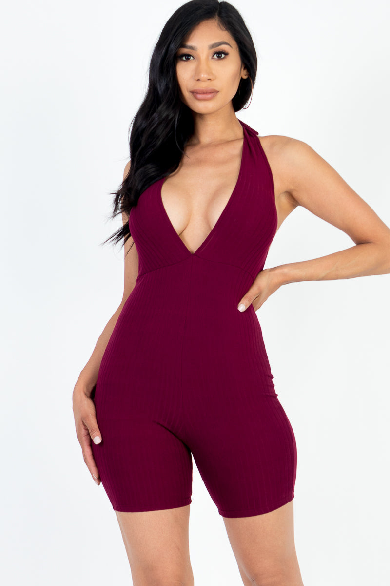 Casual Solid Halter V Neck Ribbed Bodycon Romper (CAPELLA) - Capella Apparel