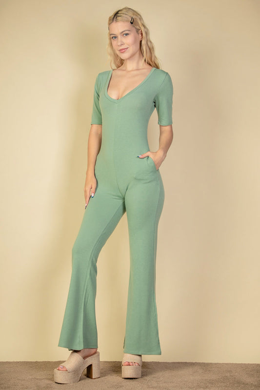 French Terry Short Sleeve Flare Jumpsuit (CAPELLA) - Capella Apparel