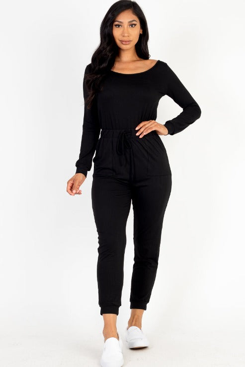 Tie Waist Long Sleeve Jumpsuit - Capella Apparel