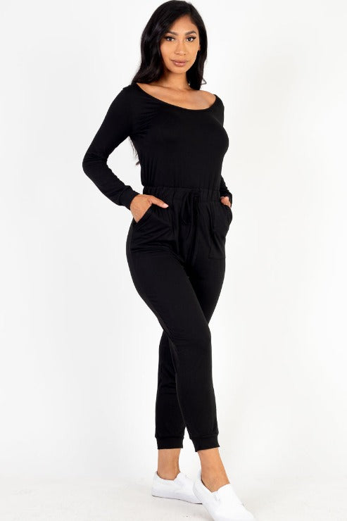 Tie Waist Long Sleeve Jumpsuit - Capella Apparel