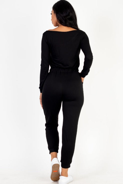 Tie Waist Long Sleeve Jumpsuit - Capella Apparel