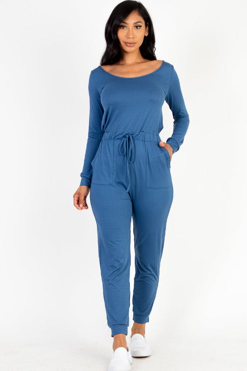 Tie Waist Long Sleeve Jumpsuit - Capella Apparel