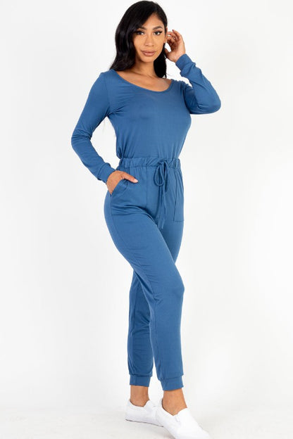 Tie Waist Long Sleeve Jumpsuit - Capella Apparel