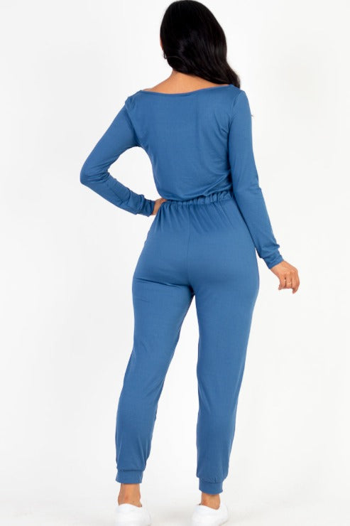 Tie Waist Long Sleeve Jumpsuit - Capella Apparel