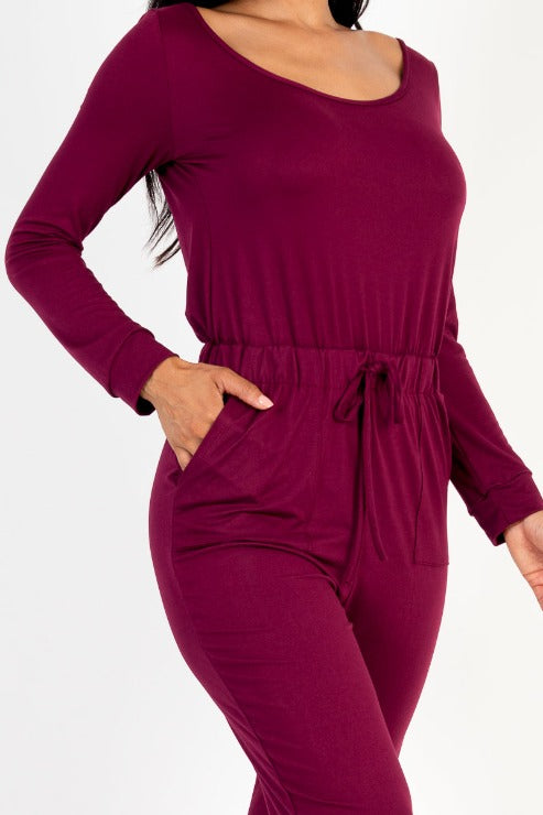 Tie Waist Long Sleeve Jumpsuit - Capella Apparel