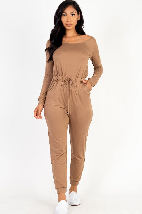 Tie Waist Long Sleeve Jumpsuit - Capella Apparel