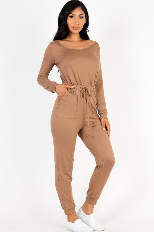 Tie Waist Long Sleeve Jumpsuit - Capella Apparel