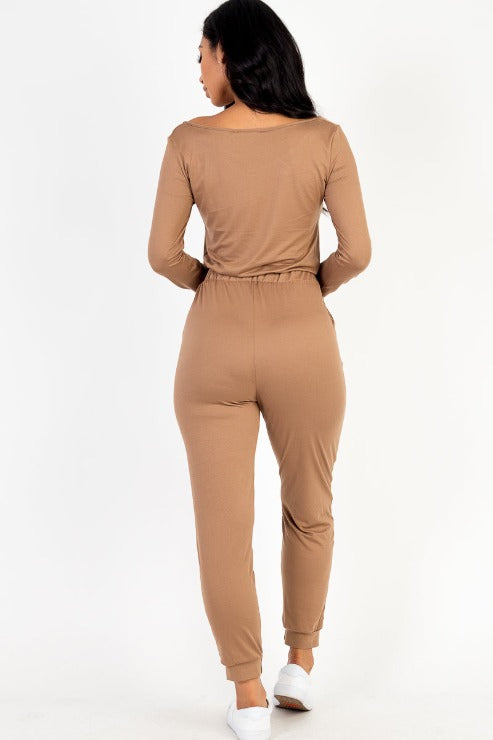 Tie Waist Long Sleeve Jumpsuit - Capella Apparel