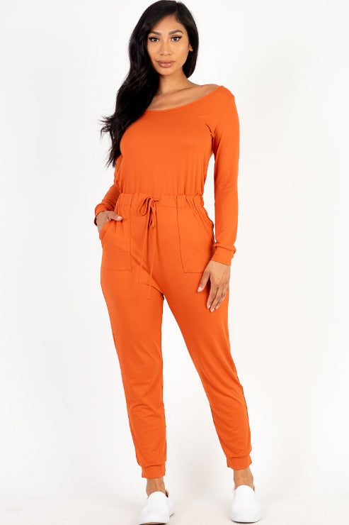 Tie Waist Long Sleeve Jumpsuit - Capella Apparel