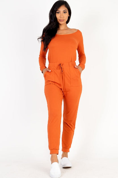 Tie Waist Long Sleeve Jumpsuit - Capella Apparel