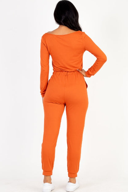 Tie Waist Long Sleeve Jumpsuit - Capella Apparel