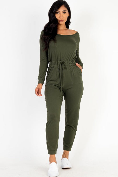 Tie Waist Long Sleeve Jumpsuit - Capella Apparel