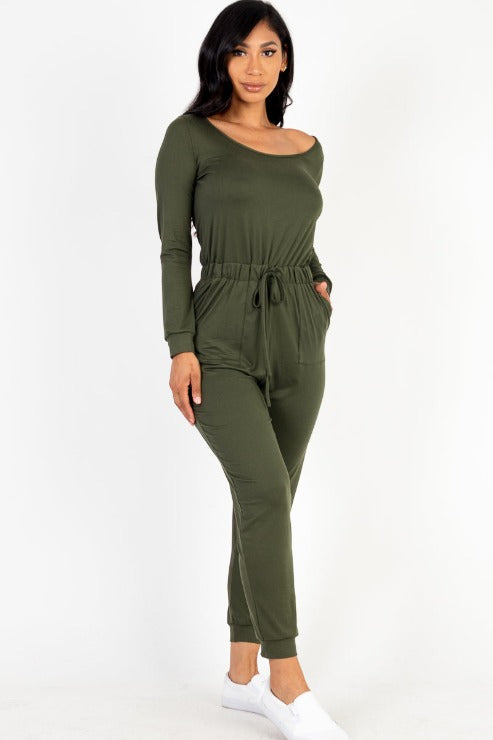 Tie Waist Long Sleeve Jumpsuit - Capella Apparel