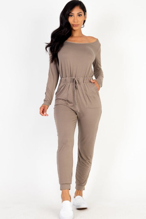 Tie Waist Long Sleeve Jumpsuit - Capella Apparel