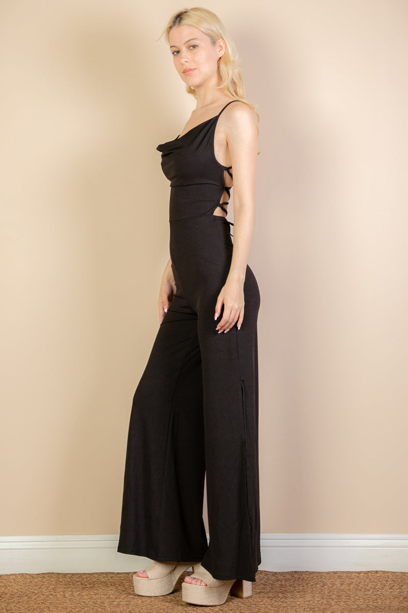 Ribbed Cowl Neck Backless Split Wide Leg Jumpsuit (CAPELLA) - Capella Apparel