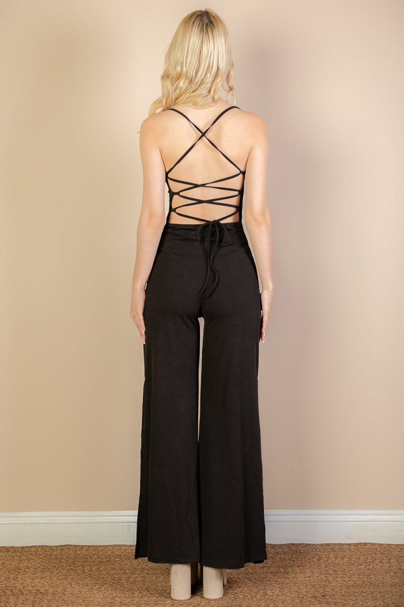 Ribbed Cowl Neck Backless Split Wide Leg Jumpsuit (CAPELLA) - Capella Apparel