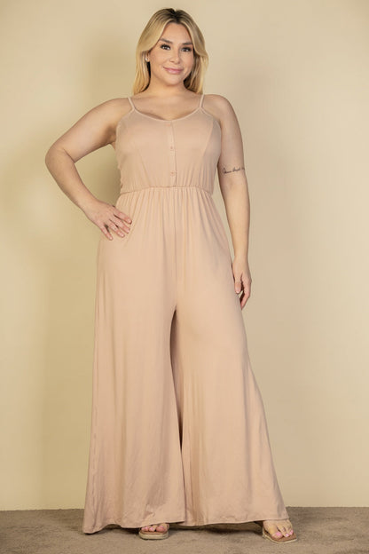 Plus Size Button Front Wide Leg Jumpsuit (CAPELLA) - Capella Apparel