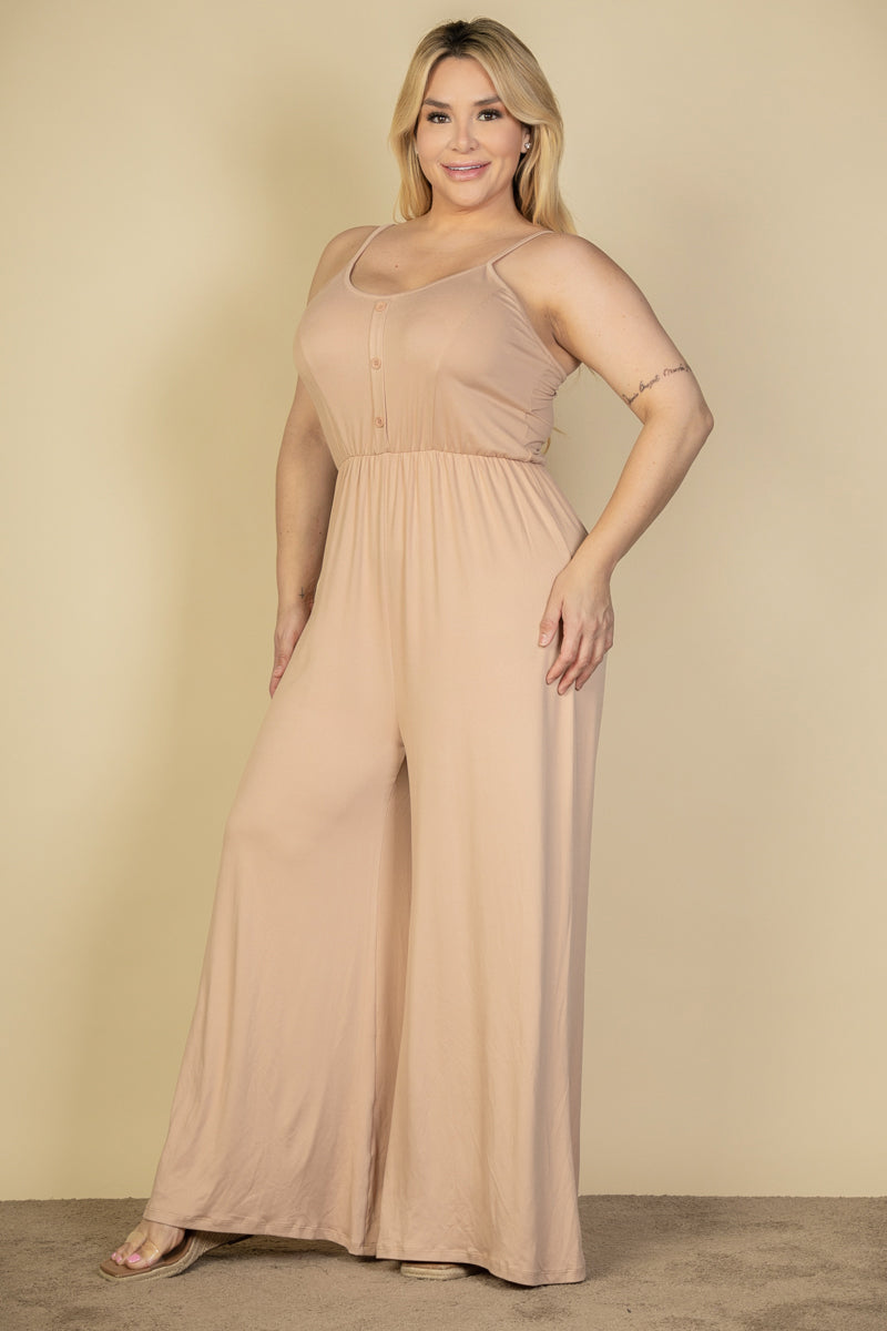 Plus Size Button Front Wide Leg Jumpsuit (CAPELLA) - Capella Apparel