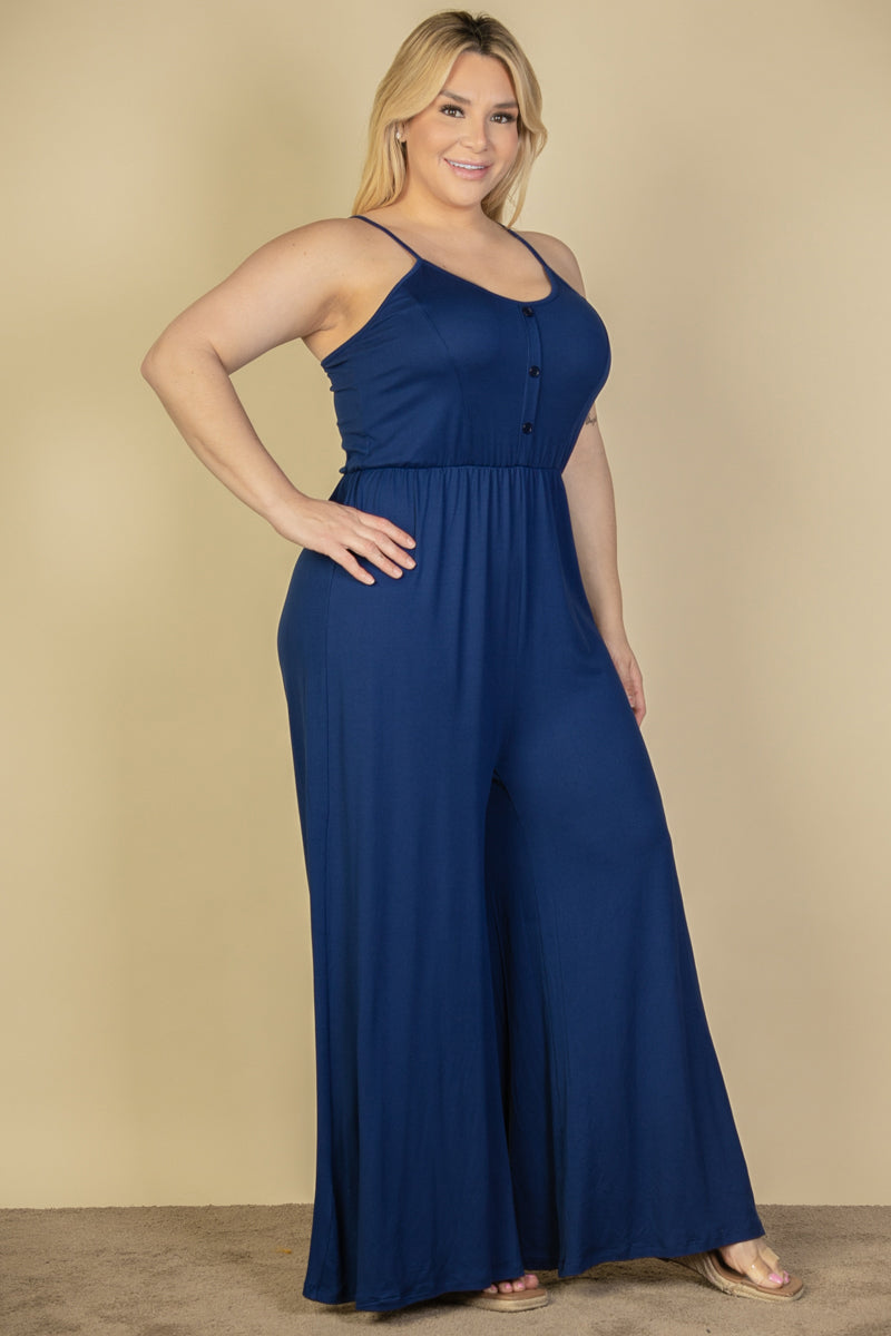 Plus Size Button Front Wide Leg Jumpsuit (CAPELLA) - Capella Apparel