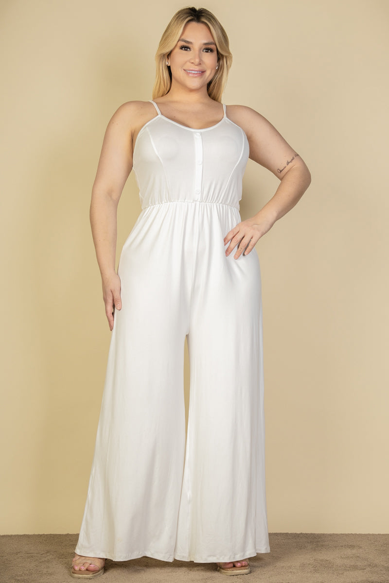 Plus Size Button Front Wide Leg Jumpsuit (CAPELLA) - Capella Apparel