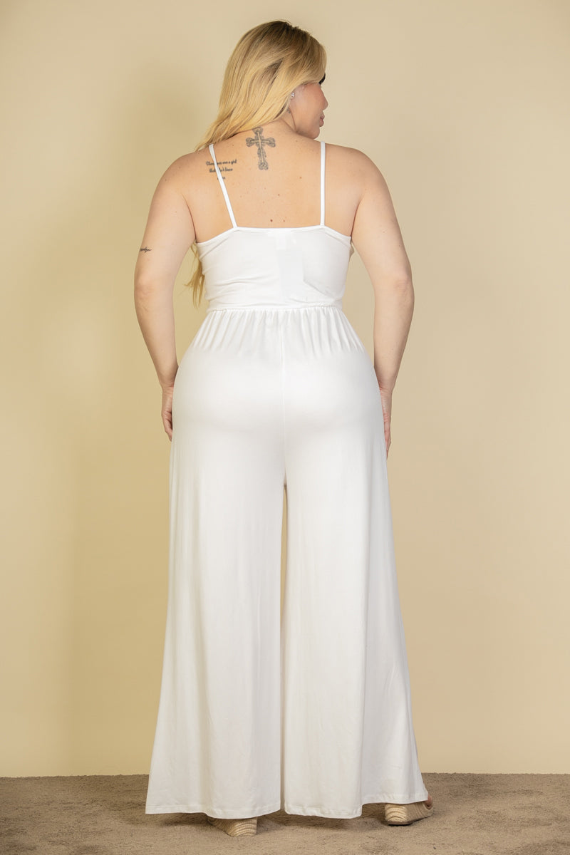 Plus Size Button Front Wide Leg Jumpsuit (CAPELLA) - Capella Apparel