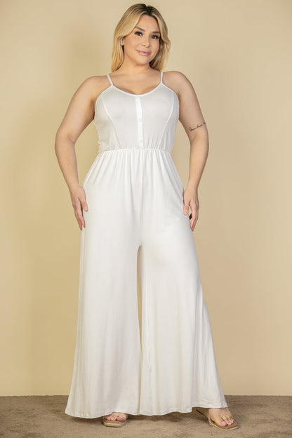 Plus Size Button Front Wide Leg Jumpsuit (CAPELLA) - Capella Apparel