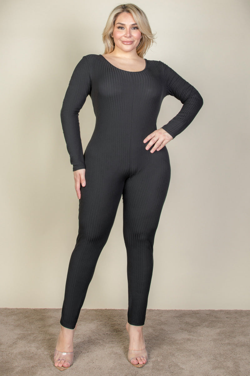 Plus Size Ribbed Scoop Neck Long Sleeve Jumpsuit (CAPELLA) - Capella Apparel