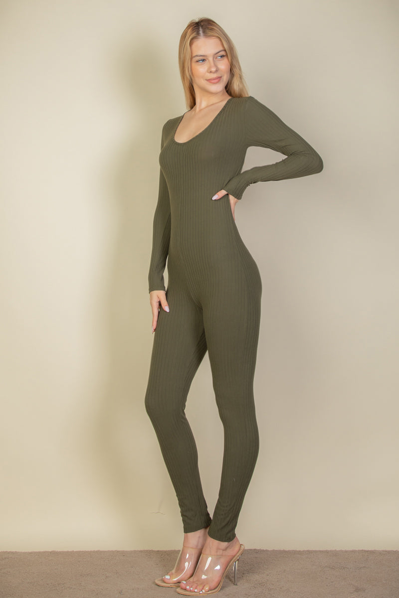 Ribbed Scoop Neck Long Sleeve Jumpsuit (CAPELLA) - Capella Apparel