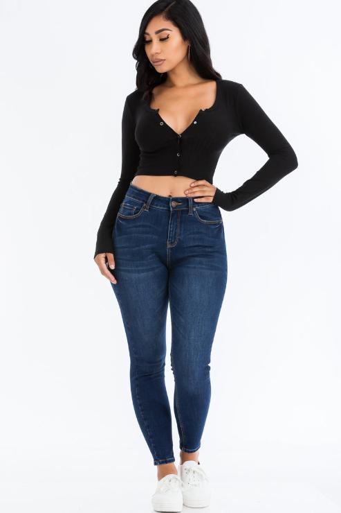 Ribbed Long Sleeve Snap Button Down Crop Top - Wholesale Capella Apparel