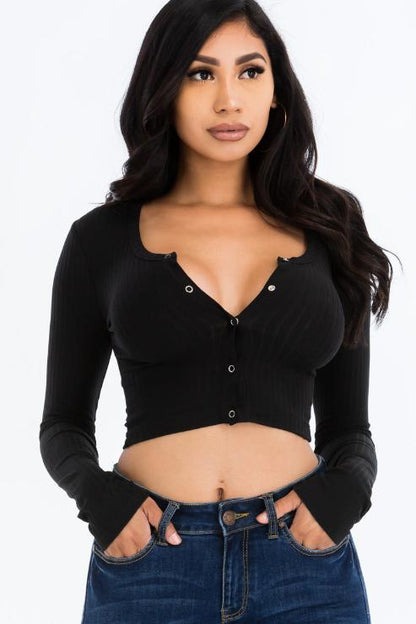 Ribbed Long Sleeve Snap Button Down Crop Top - Wholesale Capella Apparel