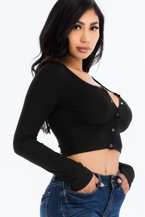 Ribbed Long Sleeve Snap Button Down Crop Top - Wholesale Capella Apparel