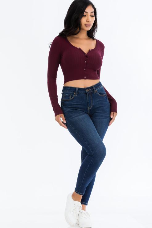 Ribbed Long Sleeve Snap Button Down Crop Top - Wholesale Capella Apparel