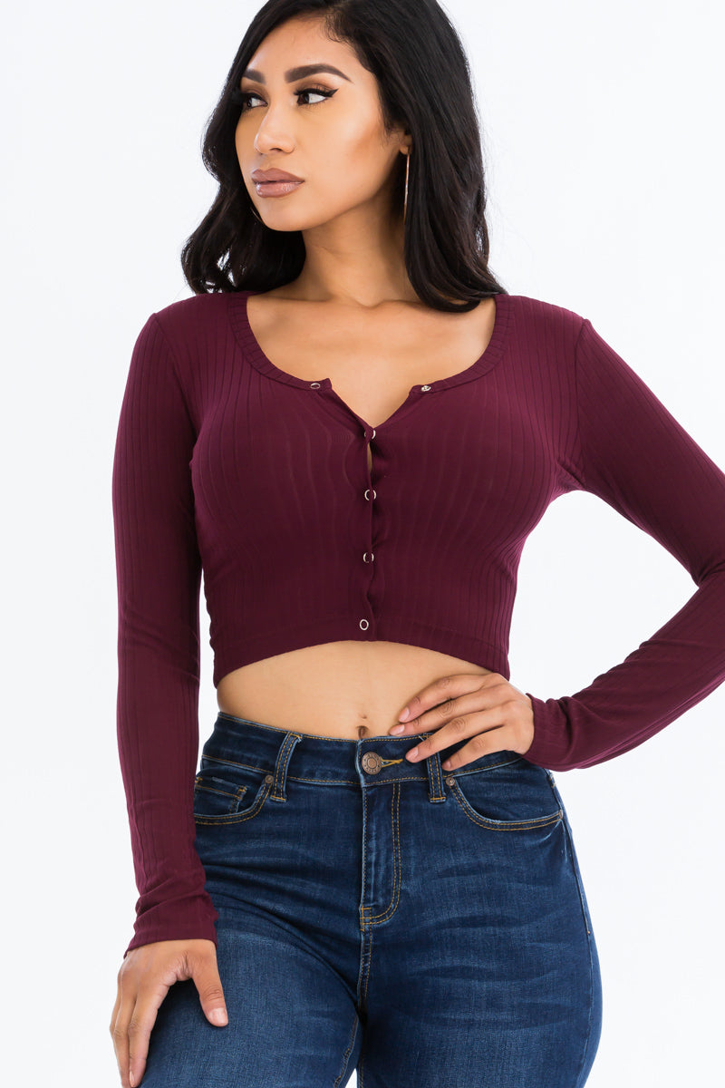 Ribbed Long Sleeve Snap Button Down Crop Top (CAPELLA) - Capella Apparel