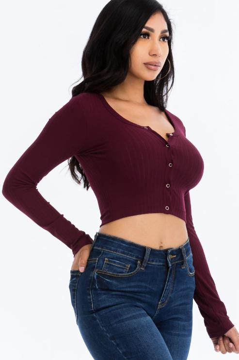 Ribbed Long Sleeve Snap Button Down Crop Top - Wholesale Capella Apparel