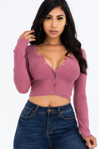 Ribbed Long Sleeve Snap Button Down Crop Top - Wholesale Capella Apparel