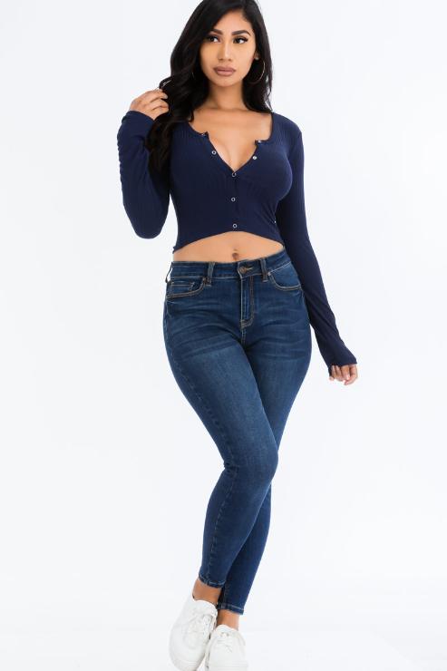 Ribbed Long Sleeve Snap Button Down Crop Top - Wholesale Capella Apparel