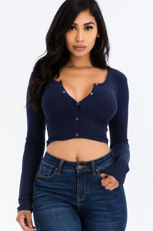 Ribbed Long Sleeve Snap Button Down Crop Top - Wholesale Capella Apparel